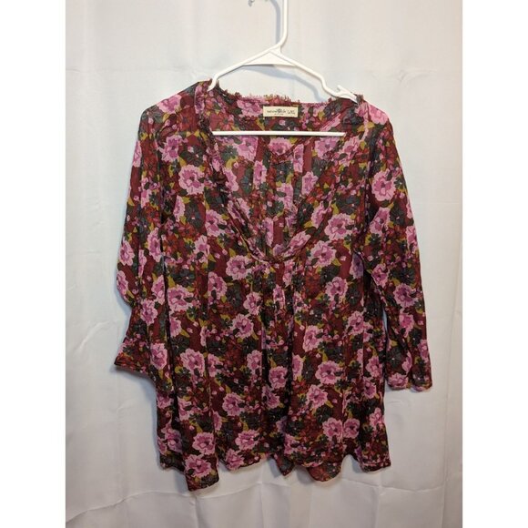 NATURAL LIFE Tunic Top Womens L/XL Multi Floral Print V-Neck Bohemian Peasant - Picture 1 of 14